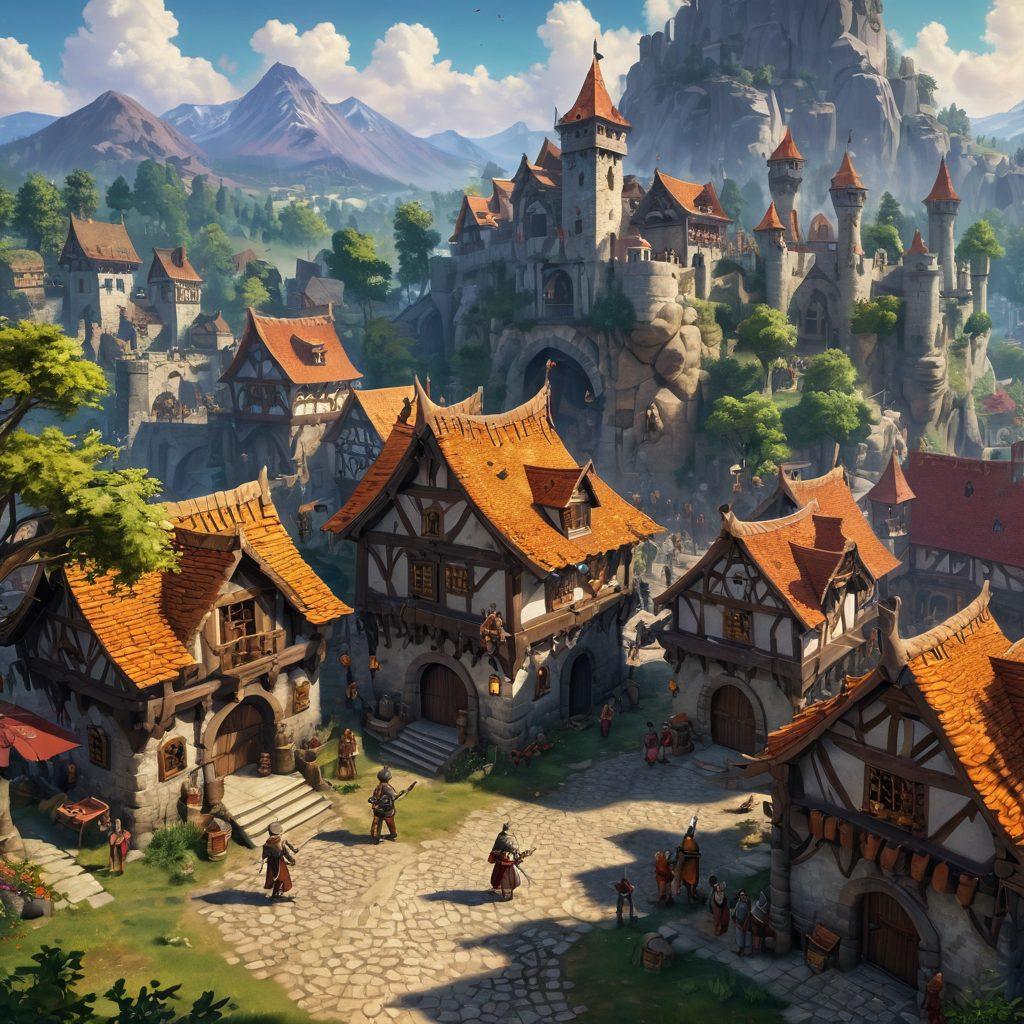 A vibrant and dynamic scene of diverse characters interacting in a bustling medieval town square in Tibia, showcasing various classes like mages, warriors, and archers. Include visual elements of skill-sharing, such as players trading items and sharing knowledge around a glowing magical tome. Envelop the setting in a fantastical landscape with lush forests and towering mountains in the background, suggesting growth and adventure. Use bright, eye-catching colors to convey energy and excitement. super-realistic. vibrant colors. fantasy style.