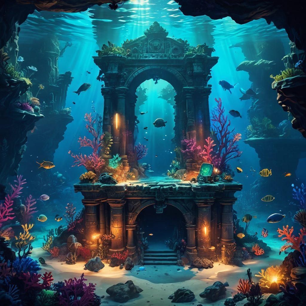 A mystical underwater scene showcasing ancient ruins from the game Tibia, with vibrant coral reefs and mythical creatures exploring the depths. Include a treasure chest partially buried in the sand, glowing with magical symbols. Above the water, a silhouette of an adventurer contemplating the dive, surrounded by colorful fish and enchanting light rays. super-realistic. vibrant colors.